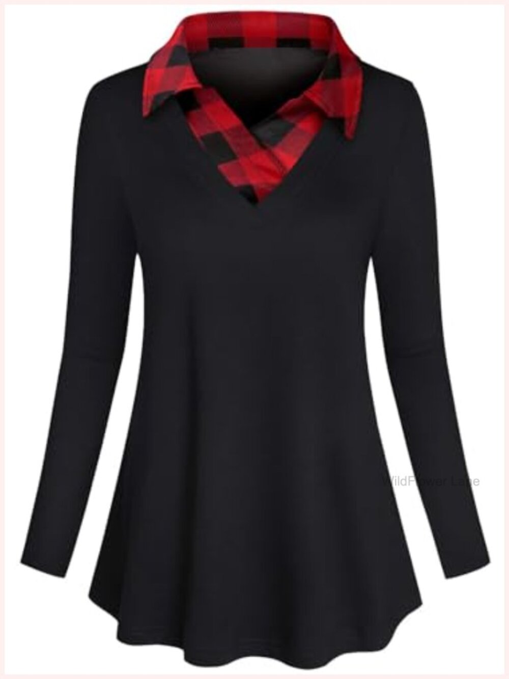 Women's Long Sleeve Contrast Collar A-Line Pleated Office Tunic